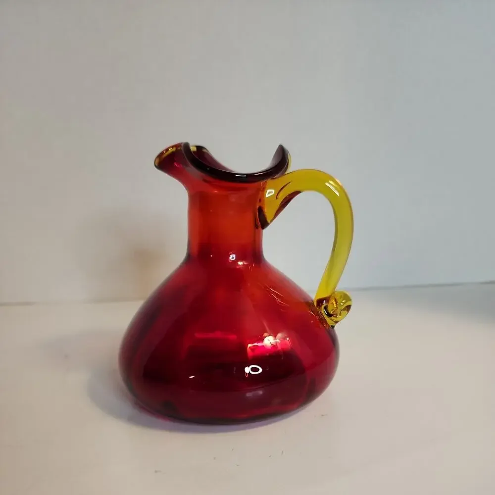 VTG Red Art Glass Optic Creamer Cruet Hand Blown Yellow Trim & Applied Handle